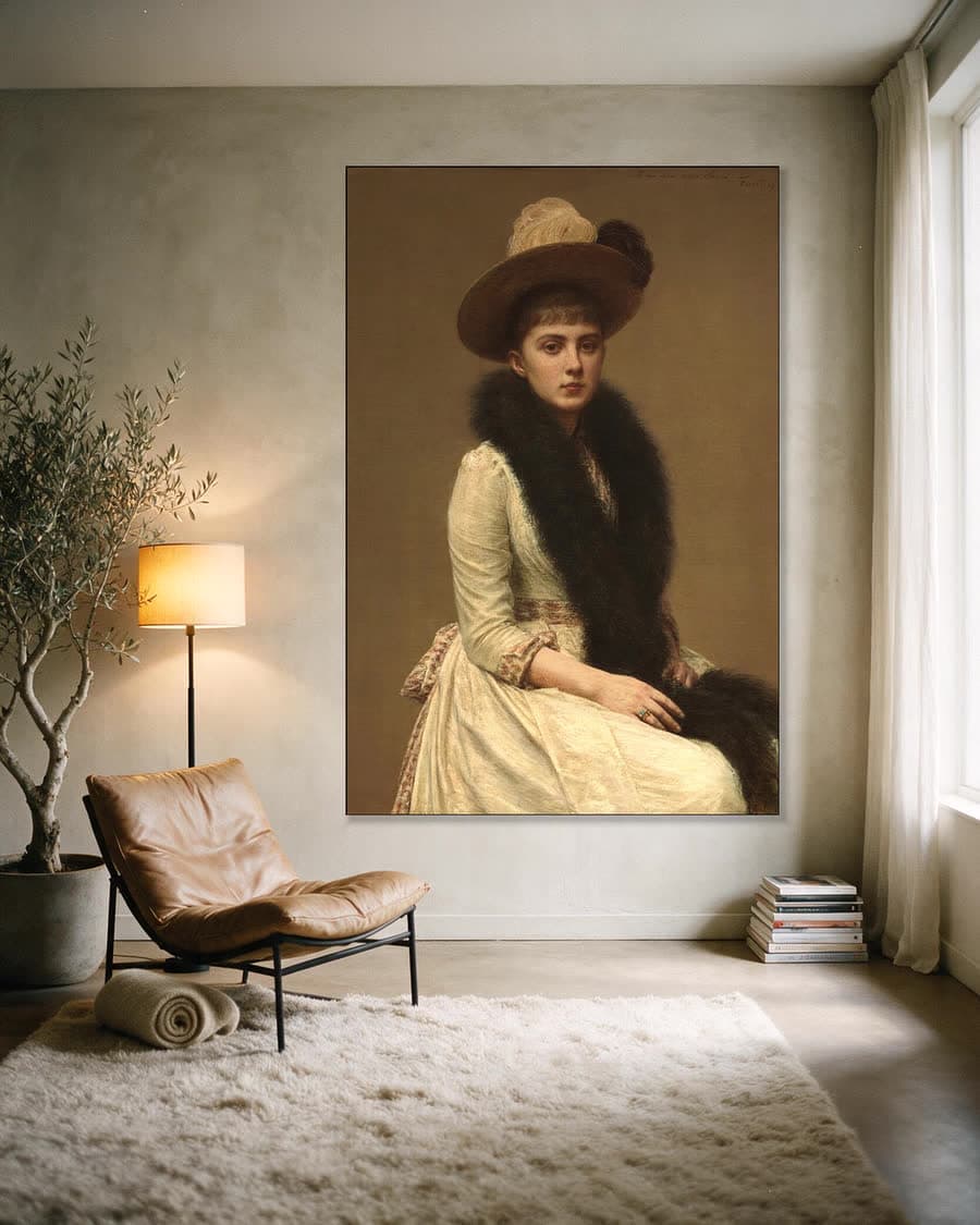 Portret van Sonia in een aluminium frame aan dezelfde muur