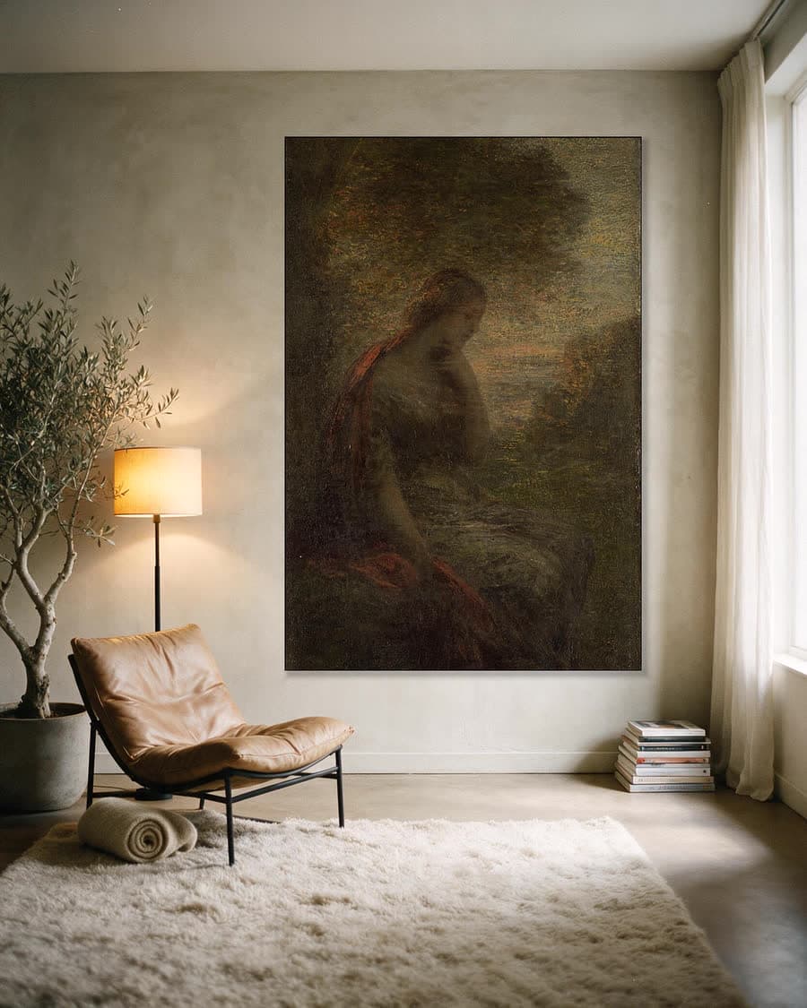 Jonge vrouw onder een boom bij zonsondergang, ook wel Herfst genoemd in een aluminium frame aan dezelfde muur