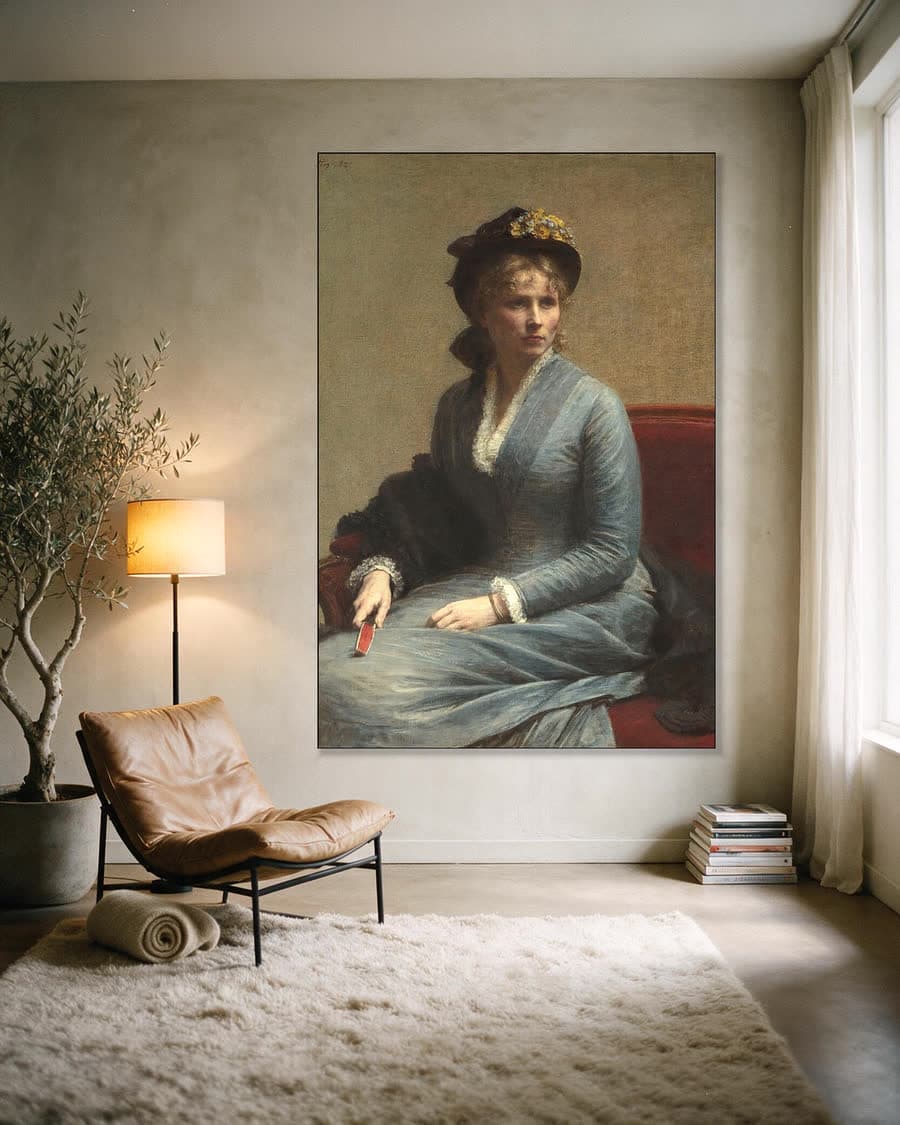 Portret van Charlotte Dubourg in een aluminium frame aan dezelfde muur