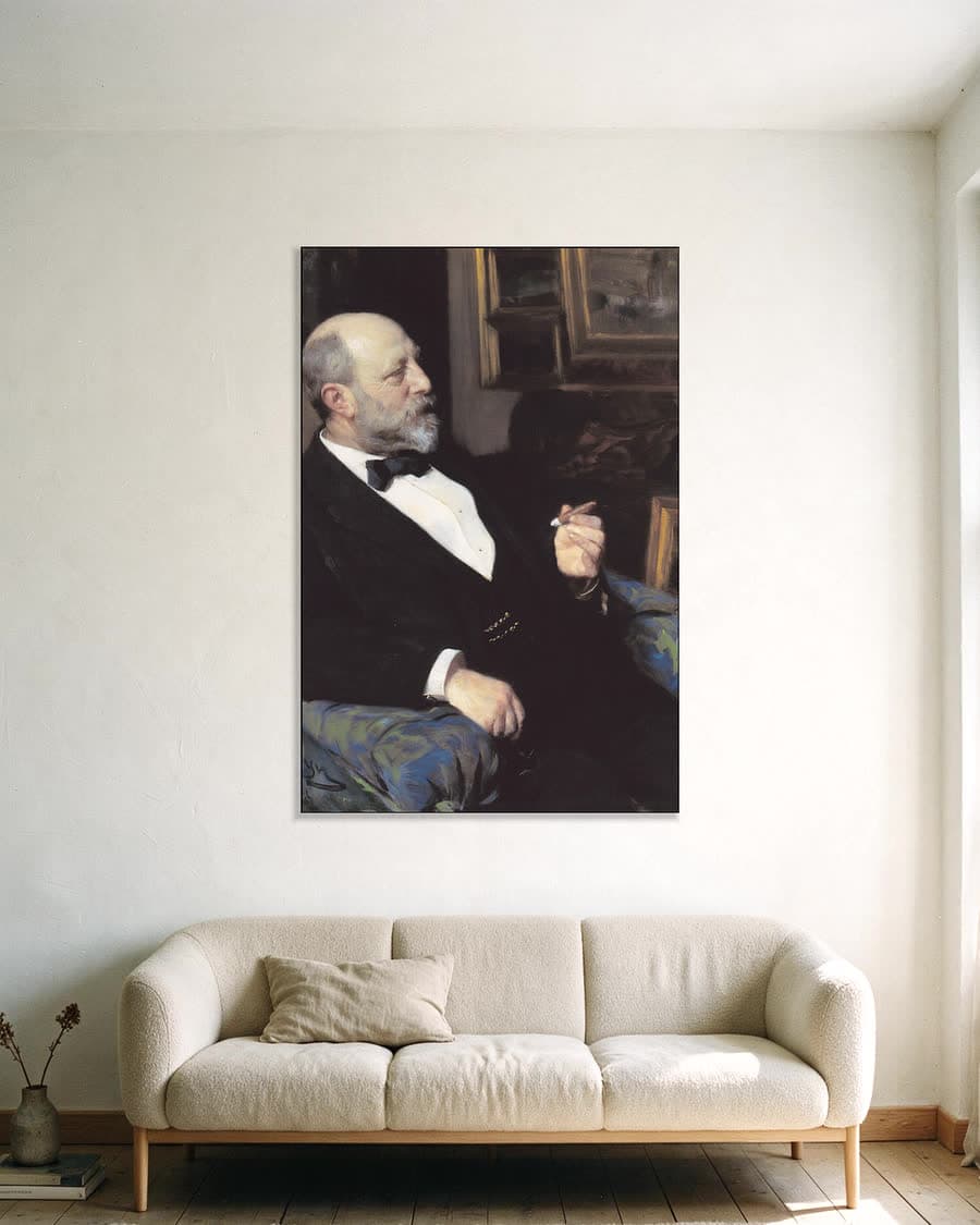 Portret van tabaksfabrikant Heinrich Hirschsprung in een aluminium frame aan dezelfde muur