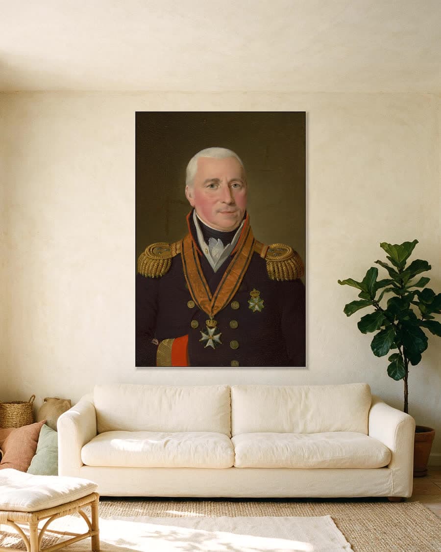 Portret van Gerrit Verdooren, vice-admiraal in een aluminium frame aan dezelfde muur