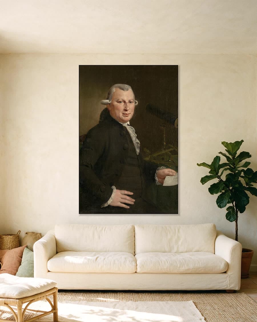 Portret van Hendrick de Hartog in een aluminium frame aan dezelfde muur