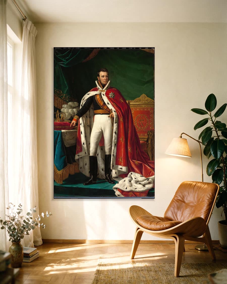 Portret van Willem I, koning der Nederlanden in een aluminium frame aan dezelfde muur