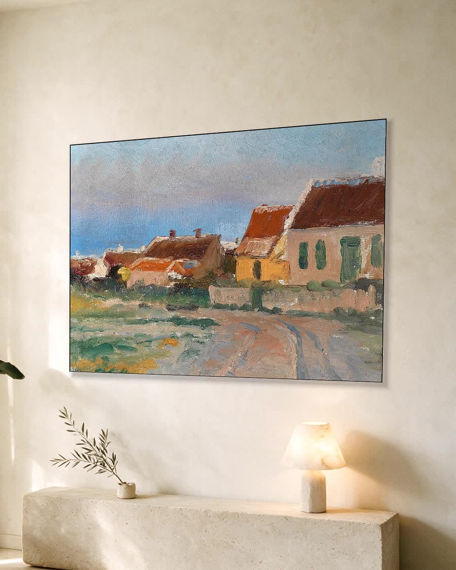 Gezicht op Skagen Østerby met de karakteristieke witte huizen in een aluminium frame aan dezelfde muur