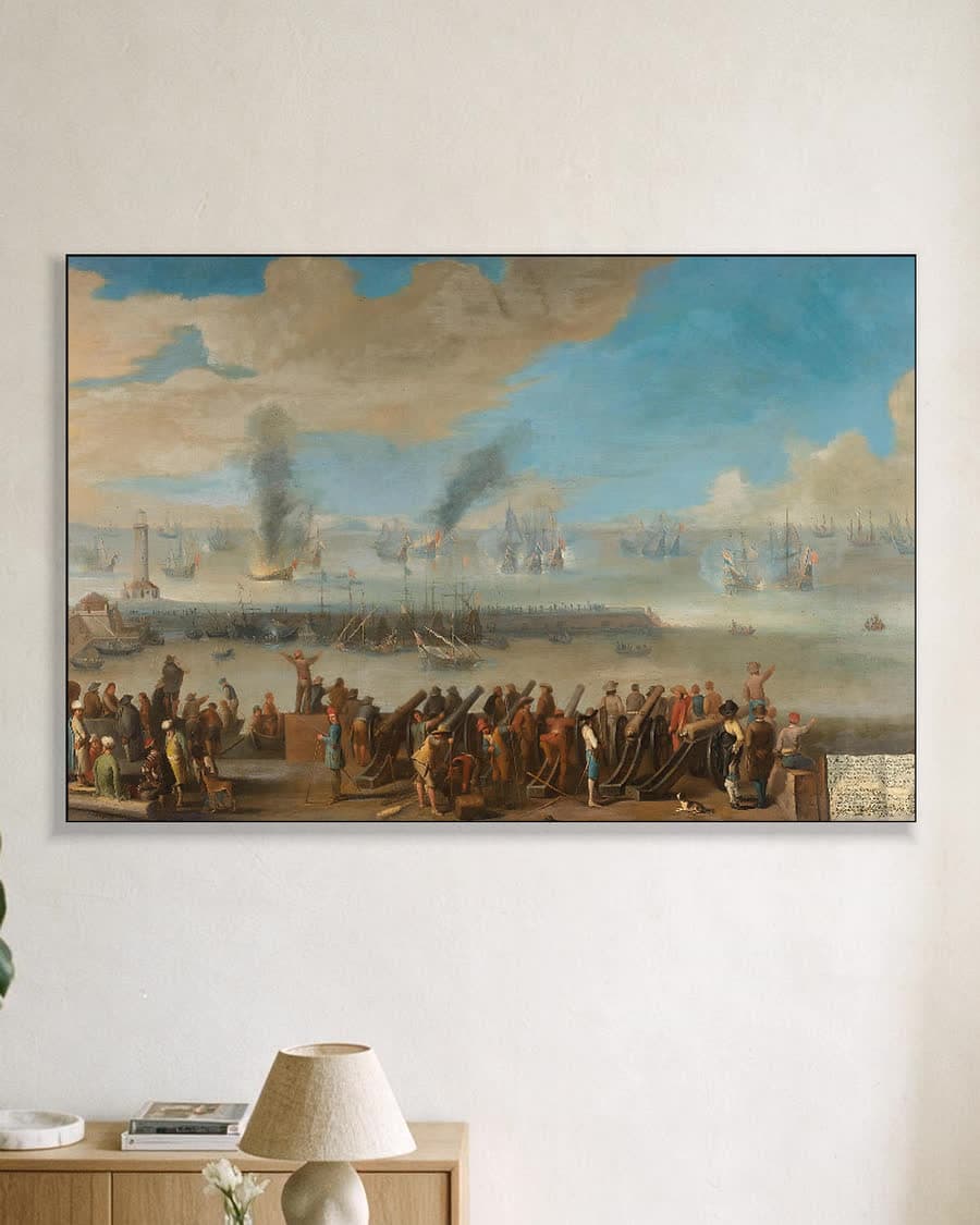 De zeeslag bij Livorno, 14 maart 1653 in een aluminium frame aan dezelfde muur