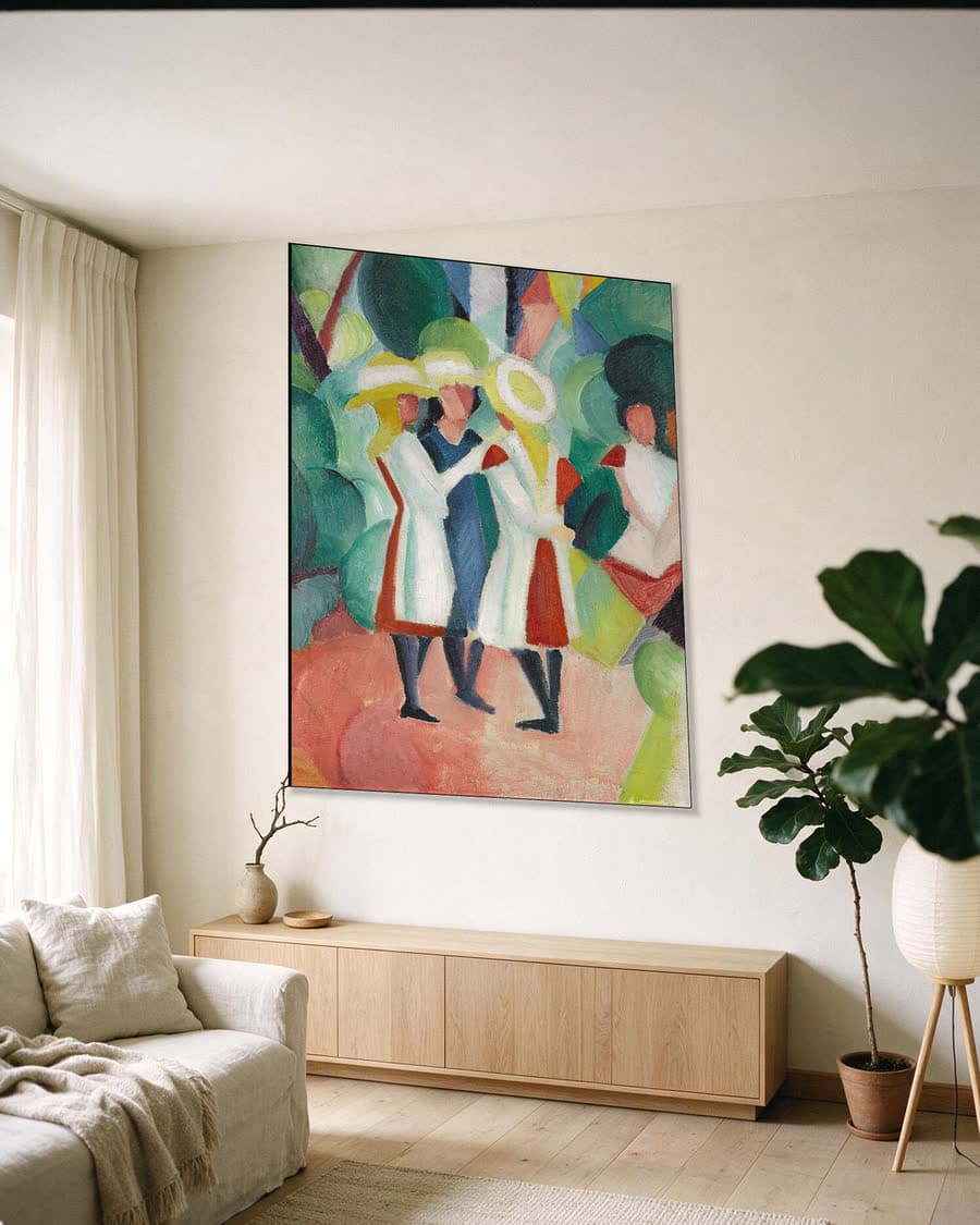 Dames met zomerhoeden in een aluminium frame aan dezelfde muur