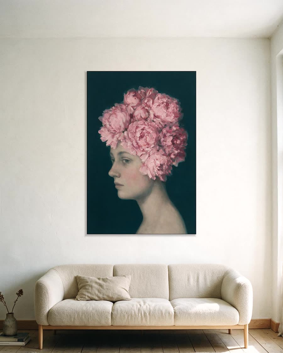 Profiel met pioenen in een aluminium frame aan dezelfde muur