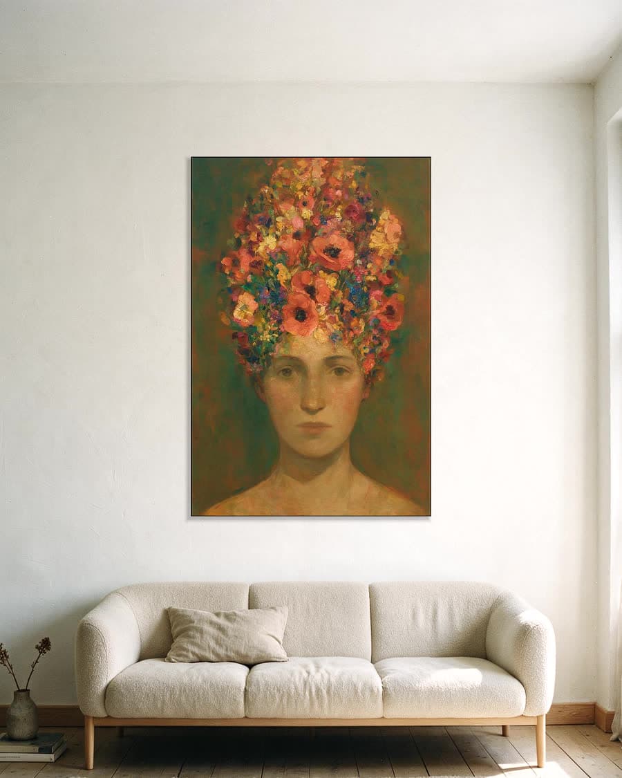 Klaprozen als haar in een aluminium frame aan dezelfde muur