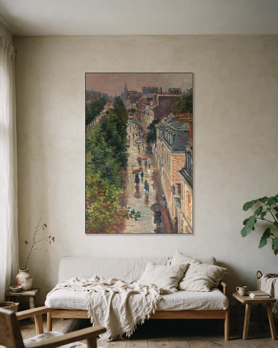 Regenachtige Parijse straat in een aluminium frame aan dezelfde muur
