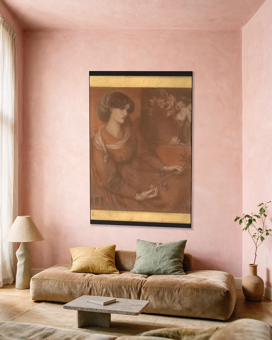 Jane Morris, studie voor Mariana in een aluminium frame aan dezelfde muur