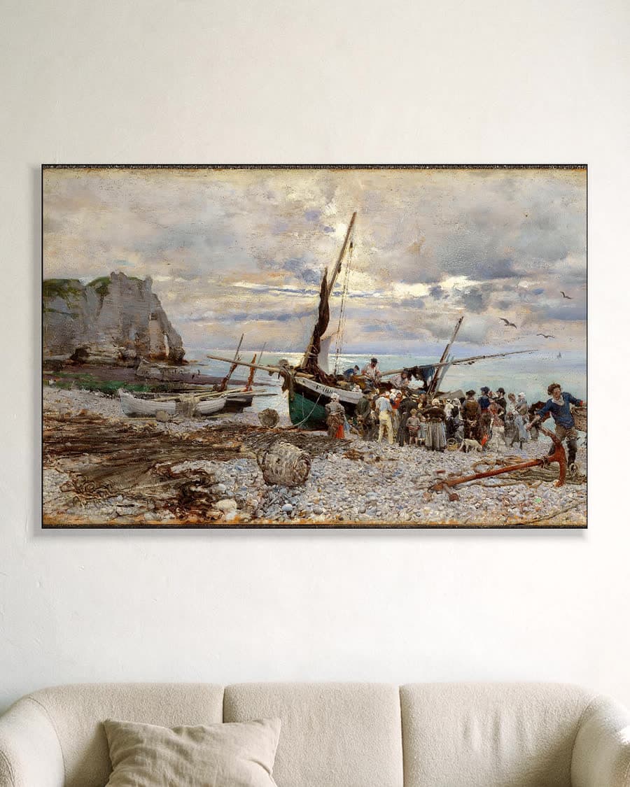 Return of the Fishing Boats, Étretat (1879) in een aluminium frame aan dezelfde muur