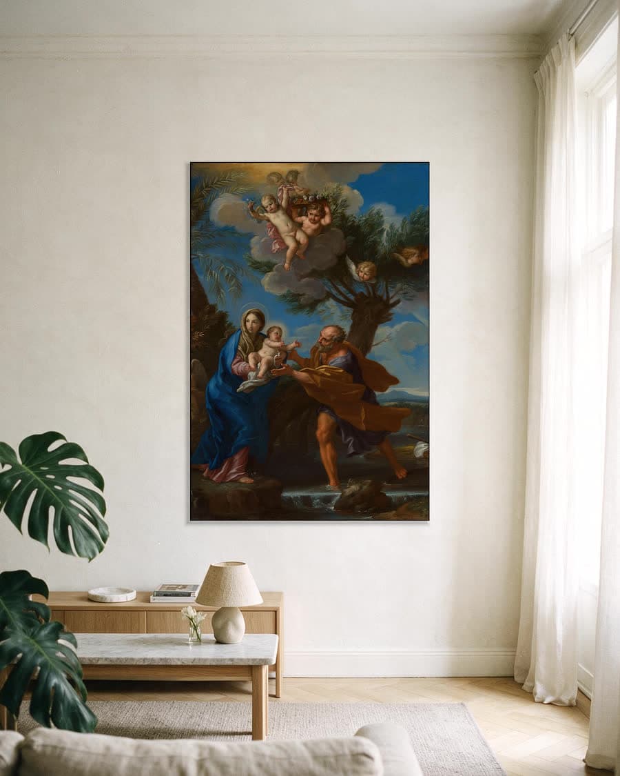 De vlucht naar Egypte in een aluminium frame aan dezelfde muur