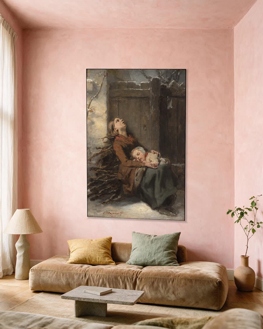 Berooide gestorven moeder met haar slapende kind in de winter in een aluminium frame aan dezelfde muur