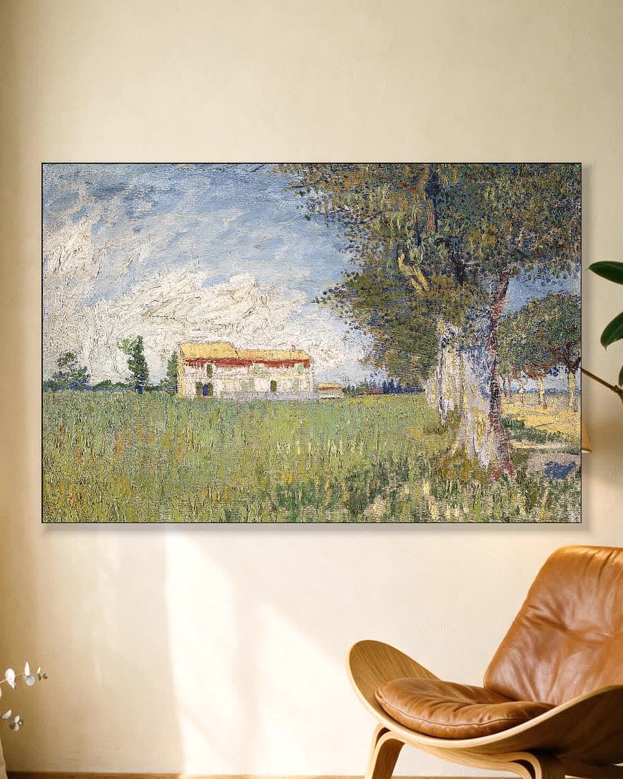 Boerderij in een korenveld in een aluminium frame aan dezelfde muur
