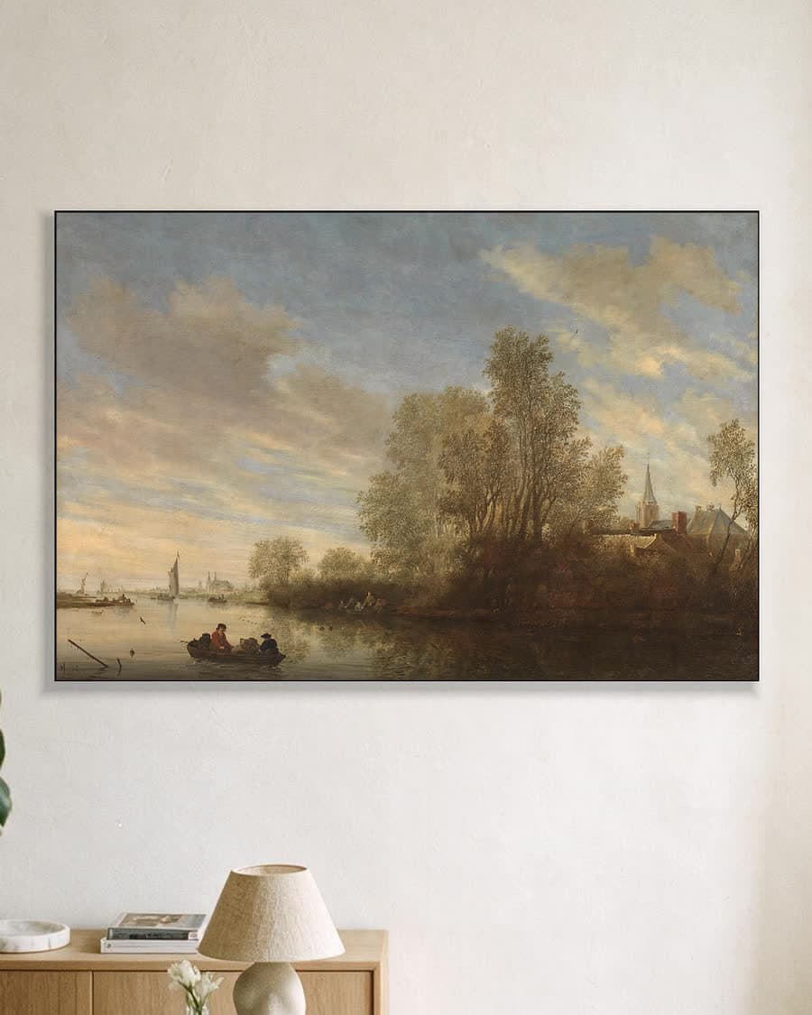 Riviergezicht bij Deventer in een aluminium frame aan dezelfde muur