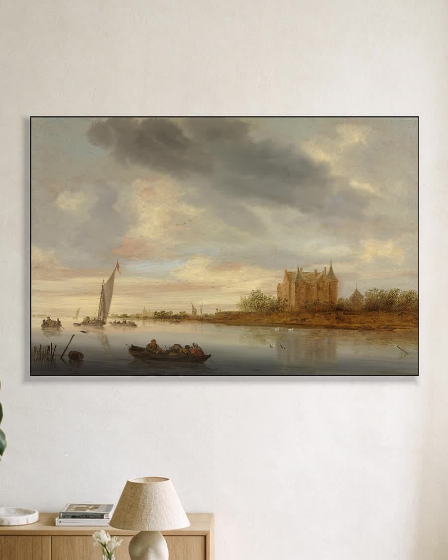 Kasteel aan een rivier in een aluminium frame aan dezelfde muur