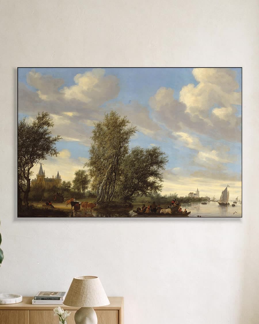 Rivierlandschap met veerpont in een aluminium frame aan dezelfde muur