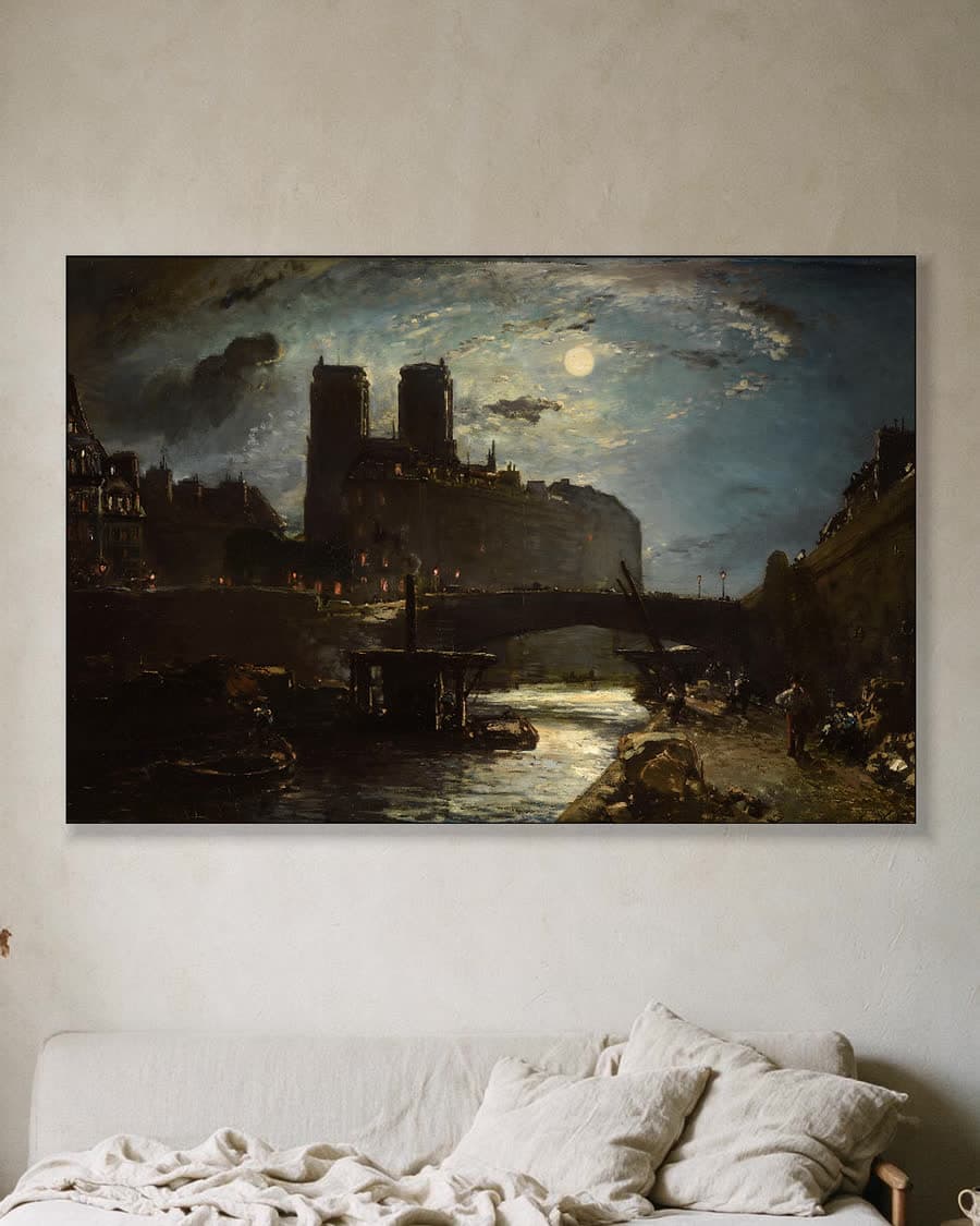 Notre Dame bij maanlicht in een aluminium frame aan dezelfde muur