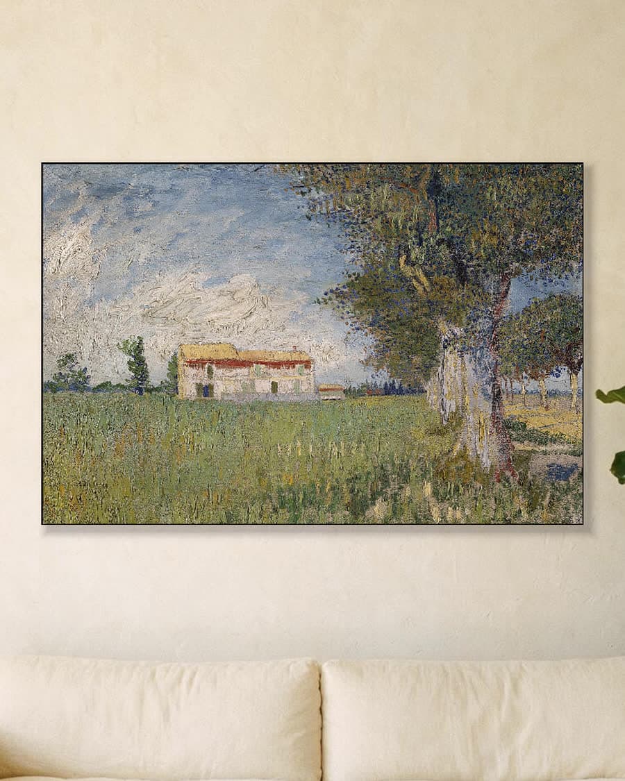 Boerderij in een korenveld in een aluminium frame aan dezelfde muur