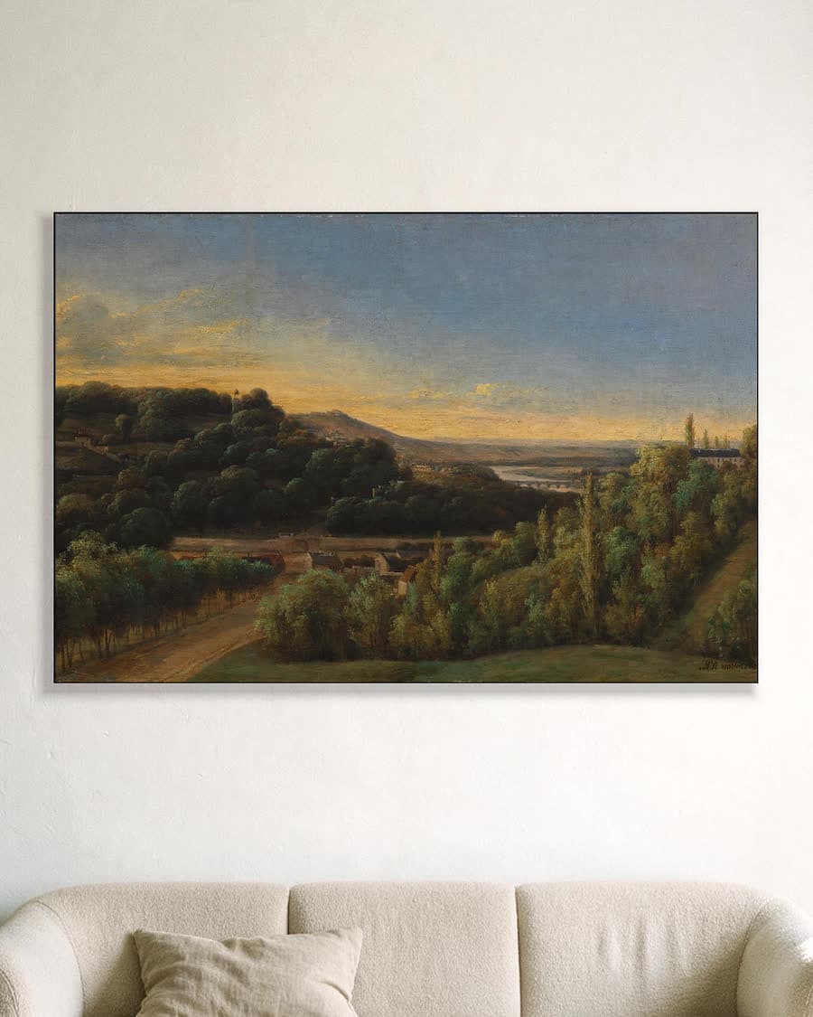 Rivierlandschap bij zonsondergang in een aluminium frame aan dezelfde muur