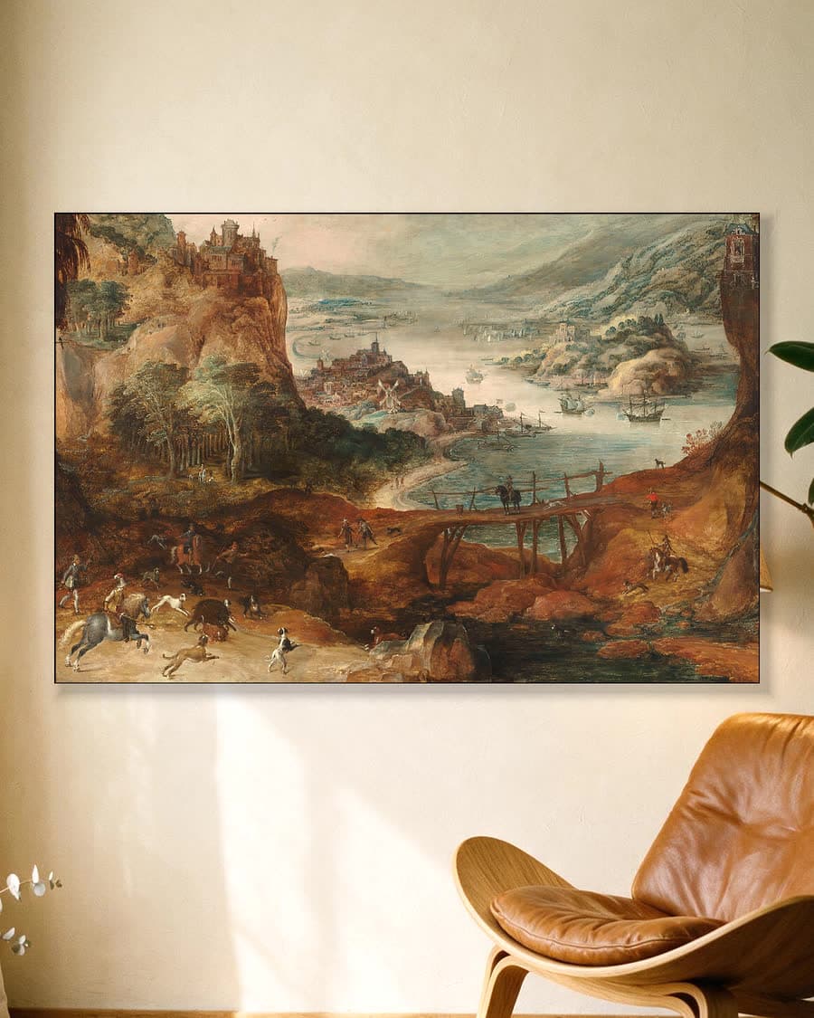 Rivierlandschap met everzwijnjacht in een aluminium frame aan dezelfde muur