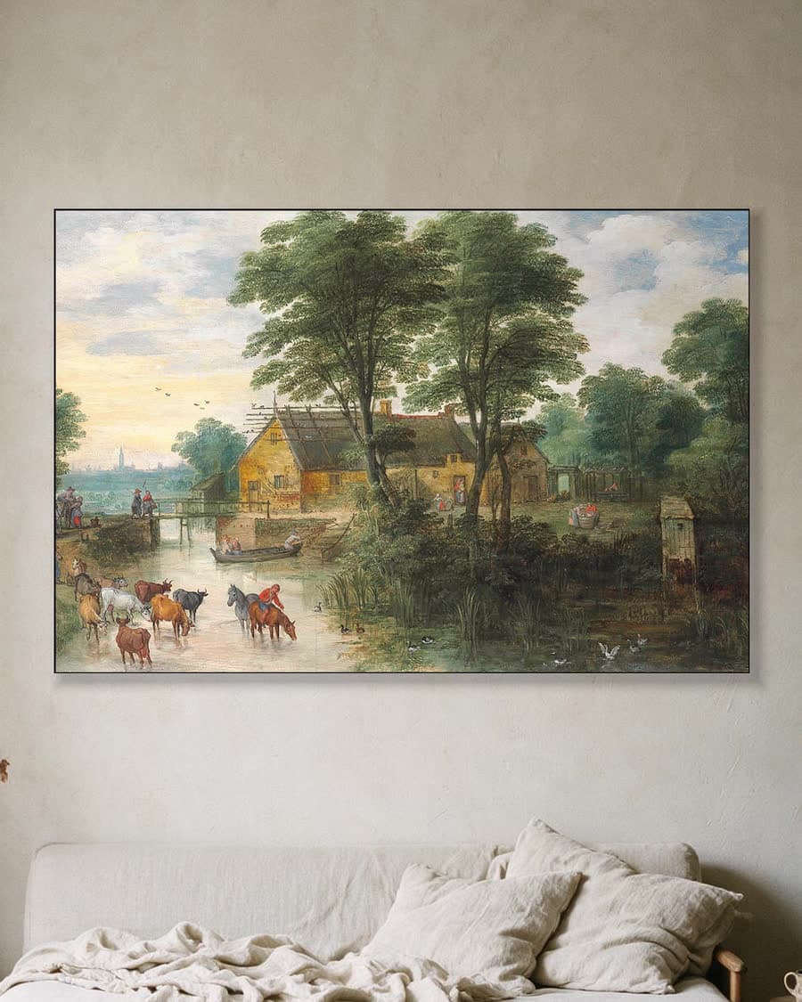 Rivierlandschap met huisjes en vee in een aluminium frame aan dezelfde muur