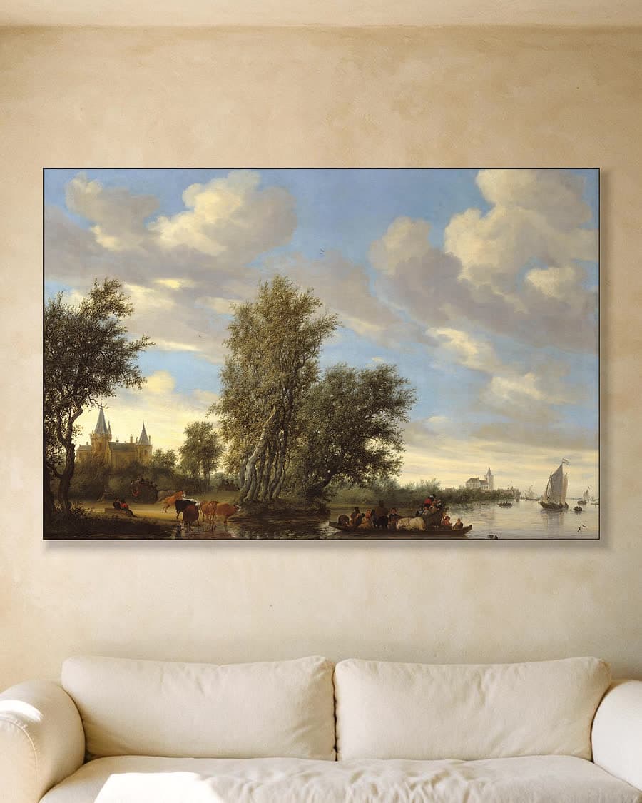 Rivierlandschap met veerpont in een aluminium frame aan dezelfde muur