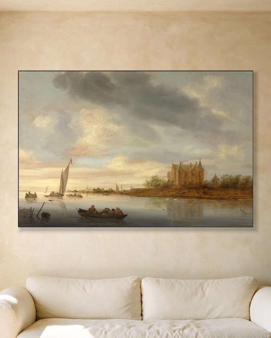 Kasteel aan een rivier in een aluminium frame aan dezelfde muur