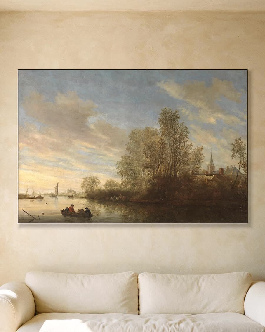 Riviergezicht bij Deventer in een aluminium frame aan dezelfde muur