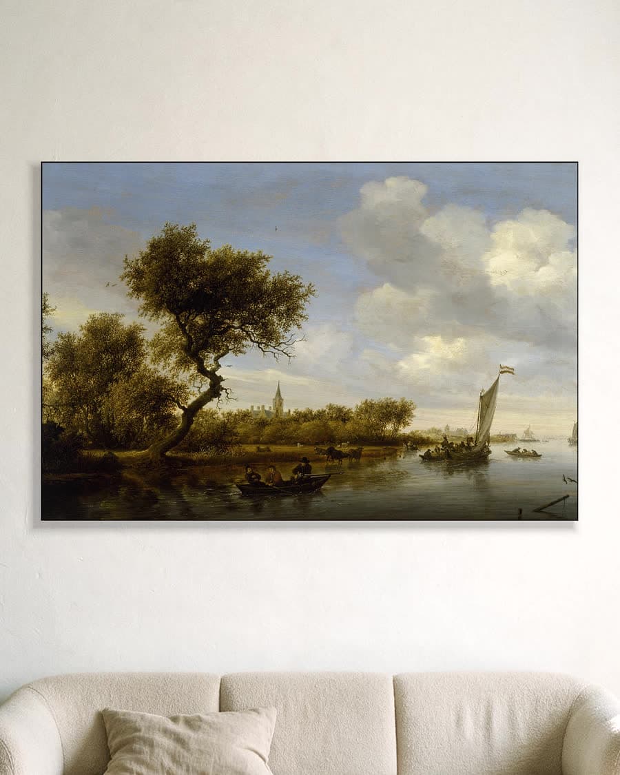 Hollands rivierlandschap met boten in een aluminium frame aan dezelfde muur
