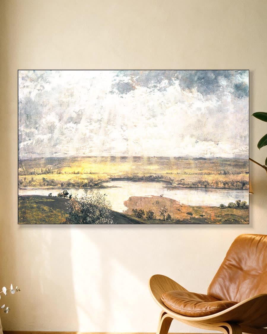 Rivierlandschap onder bewolkte hemel in een aluminium frame aan dezelfde muur
