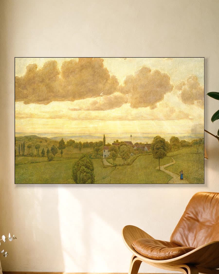 Gouden Avond boven het Dorp in een aluminium frame aan dezelfde muur