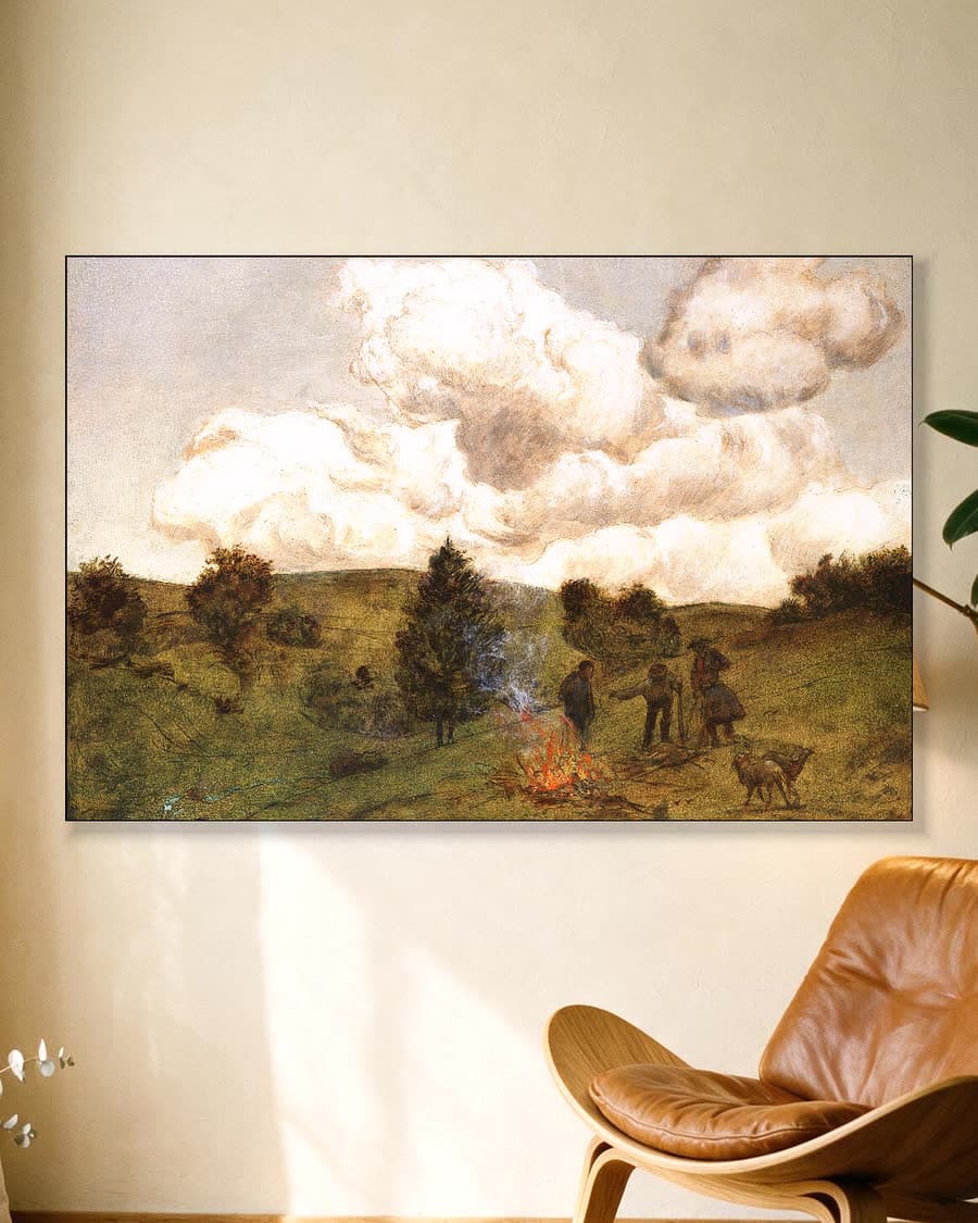 Landschap met herders en kampvuur in een aluminium frame aan dezelfde muur