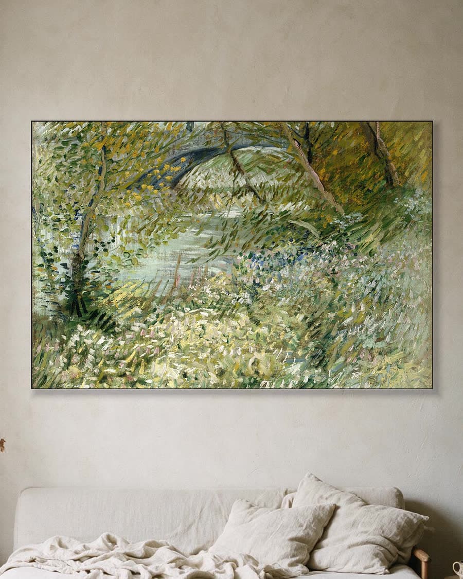 Rivieroever in de lente in een aluminium frame aan dezelfde muur