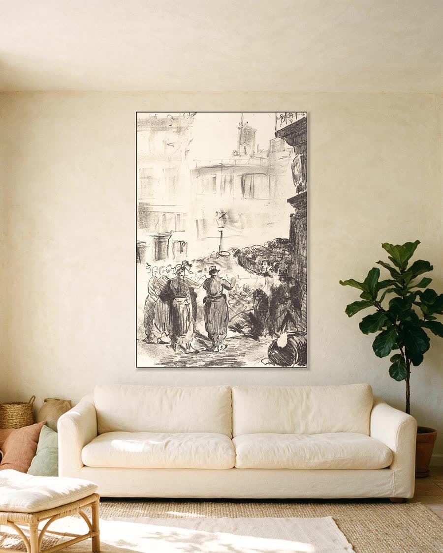 De barricade (La barricade) in een aluminium frame aan dezelfde muur