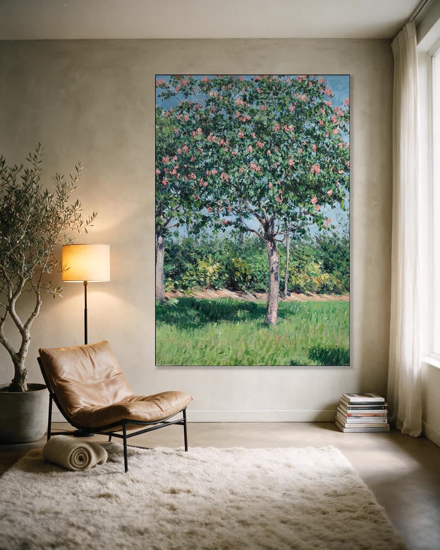 Bloeiende kastanjebomen, vlakte van Argenteuil in een aluminium frame aan dezelfde muur