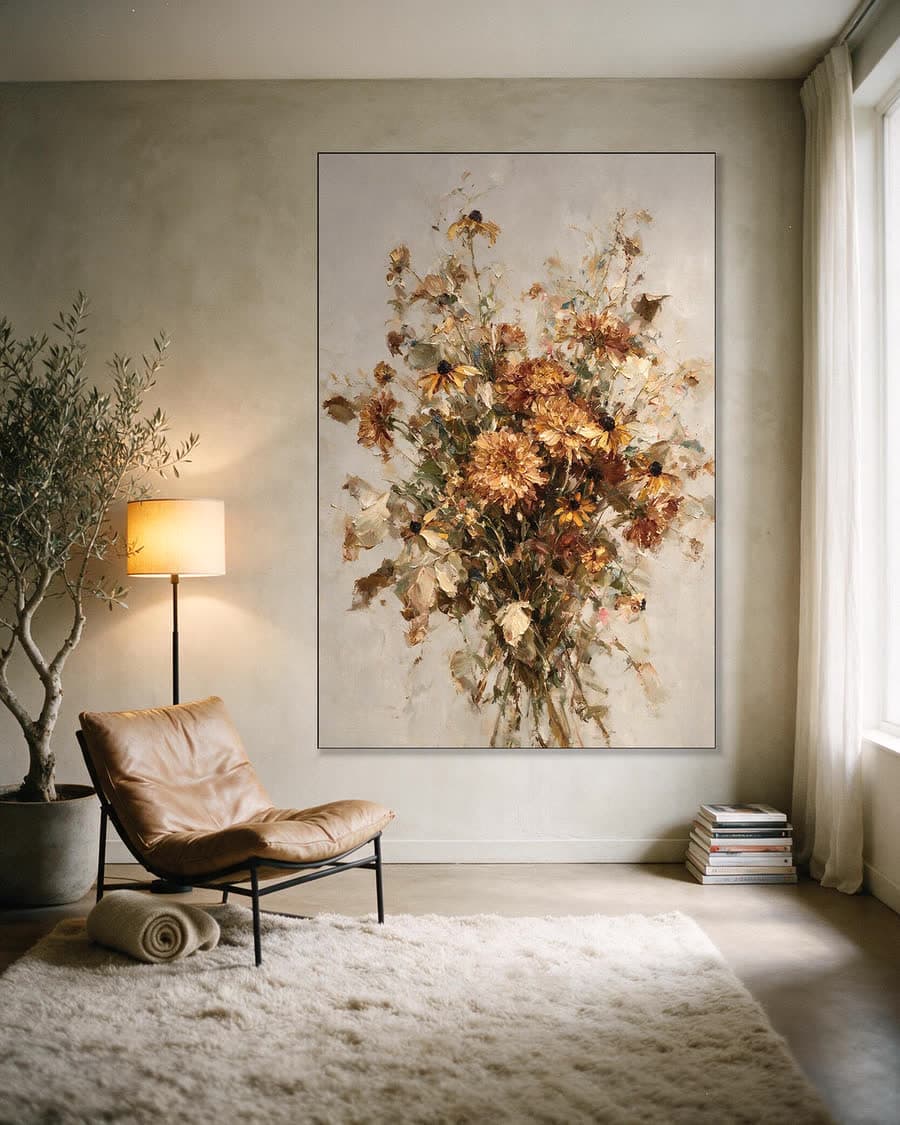 Herfstboeket in een aluminium frame aan dezelfde muur