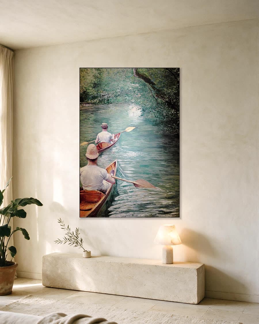Roeiers op de Yerres in een aluminium frame aan dezelfde muur