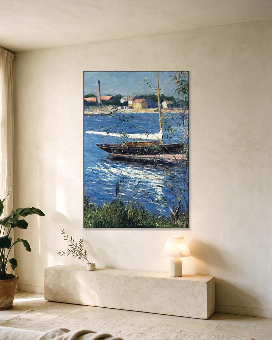 Boot voor anker op de Seine bij Argenteuil in een aluminium frame aan dezelfde muur