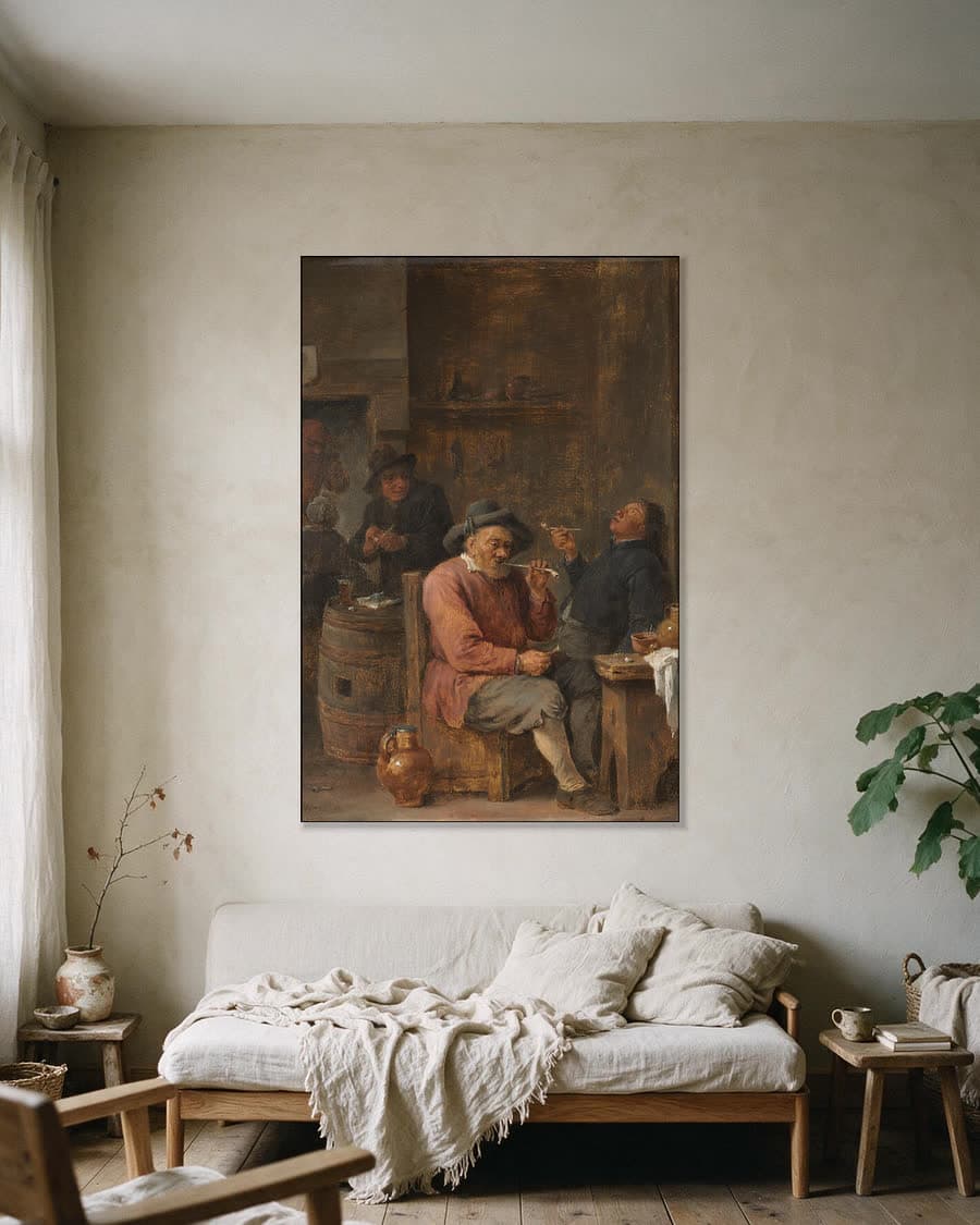 Rokende boeren in een herberg in een aluminium frame aan dezelfde muur
