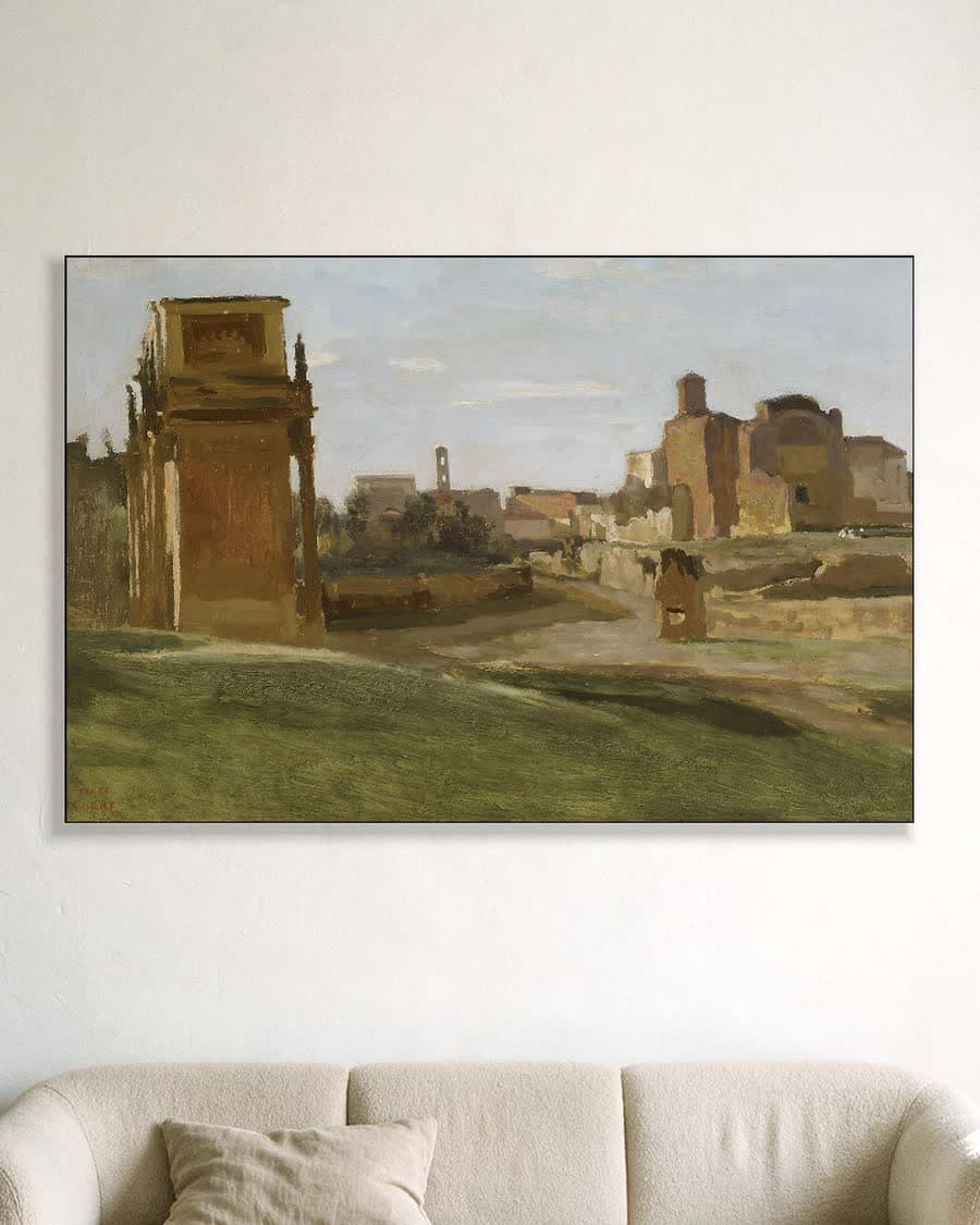 Romeinse ruïnes onder een lichte hemel in een aluminium frame aan dezelfde muur