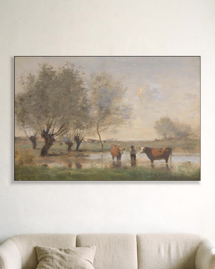 Rustig landschap met vee in een aluminium frame aan dezelfde muur