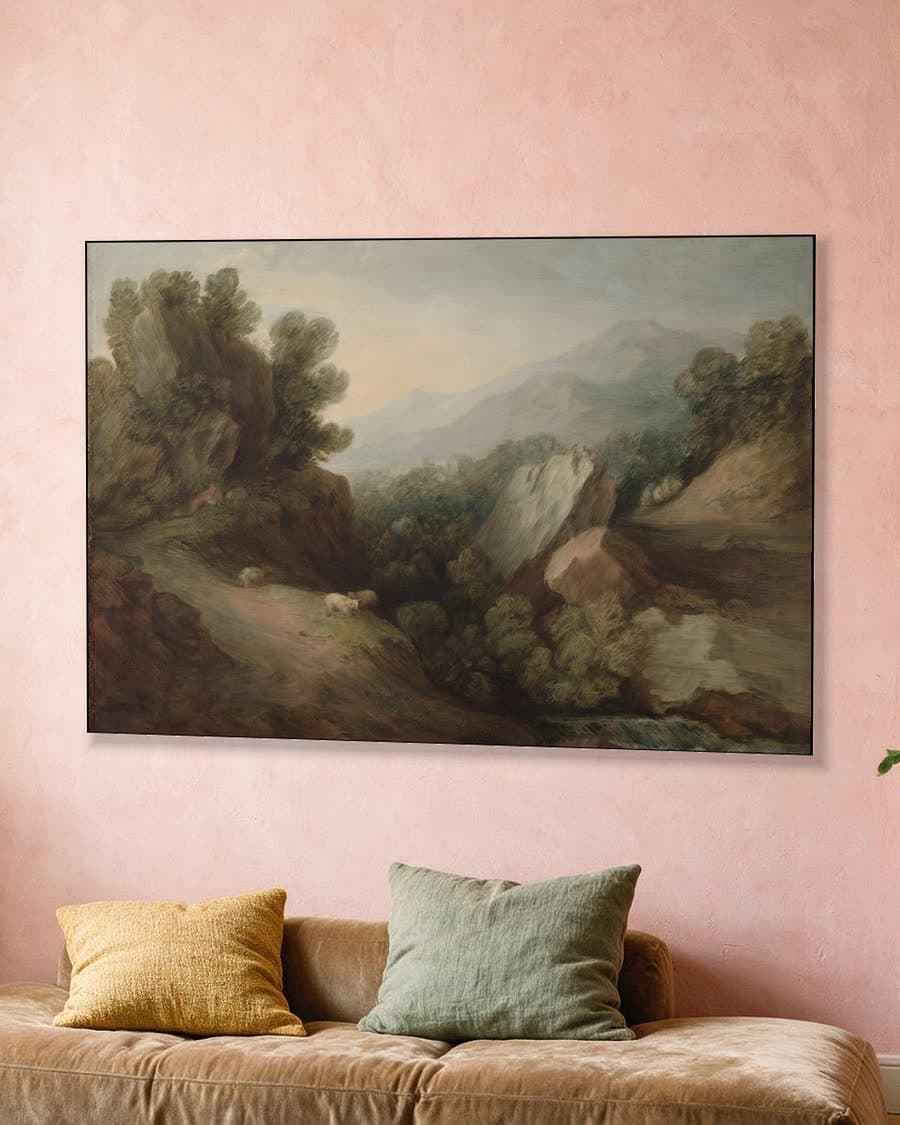 Rotsachtig boslandschap met een dal en een stuw in een aluminium frame aan dezelfde muur
