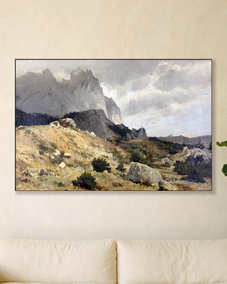 Rotsachtig landschap in een aluminium frame aan dezelfde muur