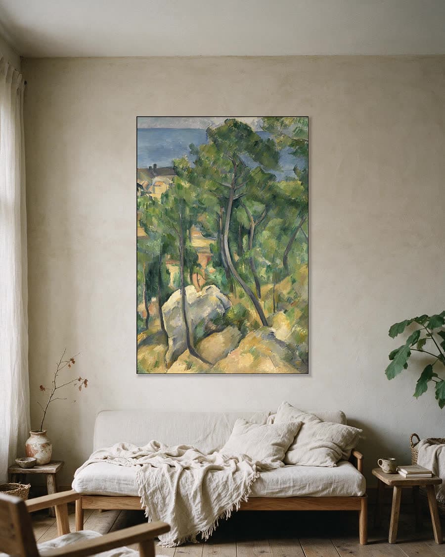 Rotsen, pijnbomen en zee bij l'Estaque in een aluminium frame aan dezelfde muur