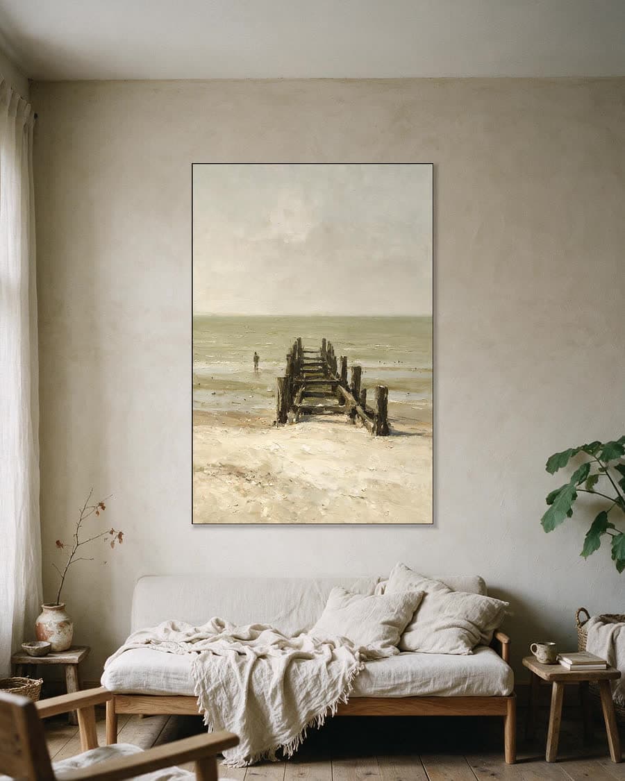Pier in de mist in een aluminium frame aan dezelfde muur