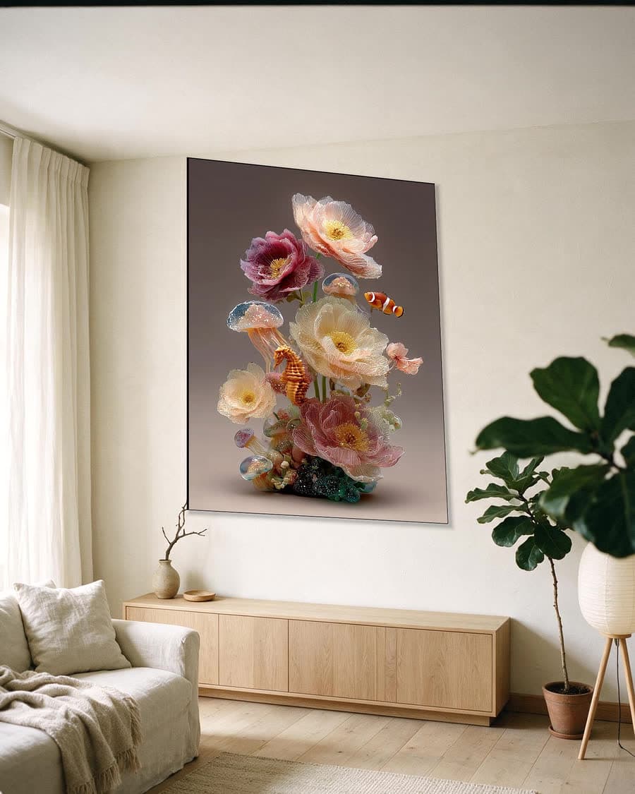 Onderwaterboeket in een aluminium frame aan dezelfde muur