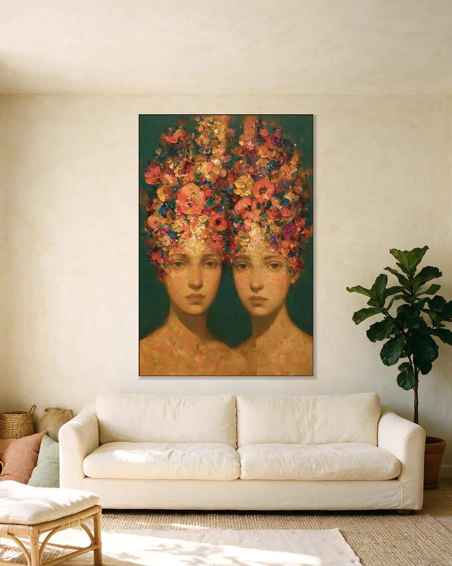 Twee vrouwen met bloemen in een aluminium frame aan dezelfde muur