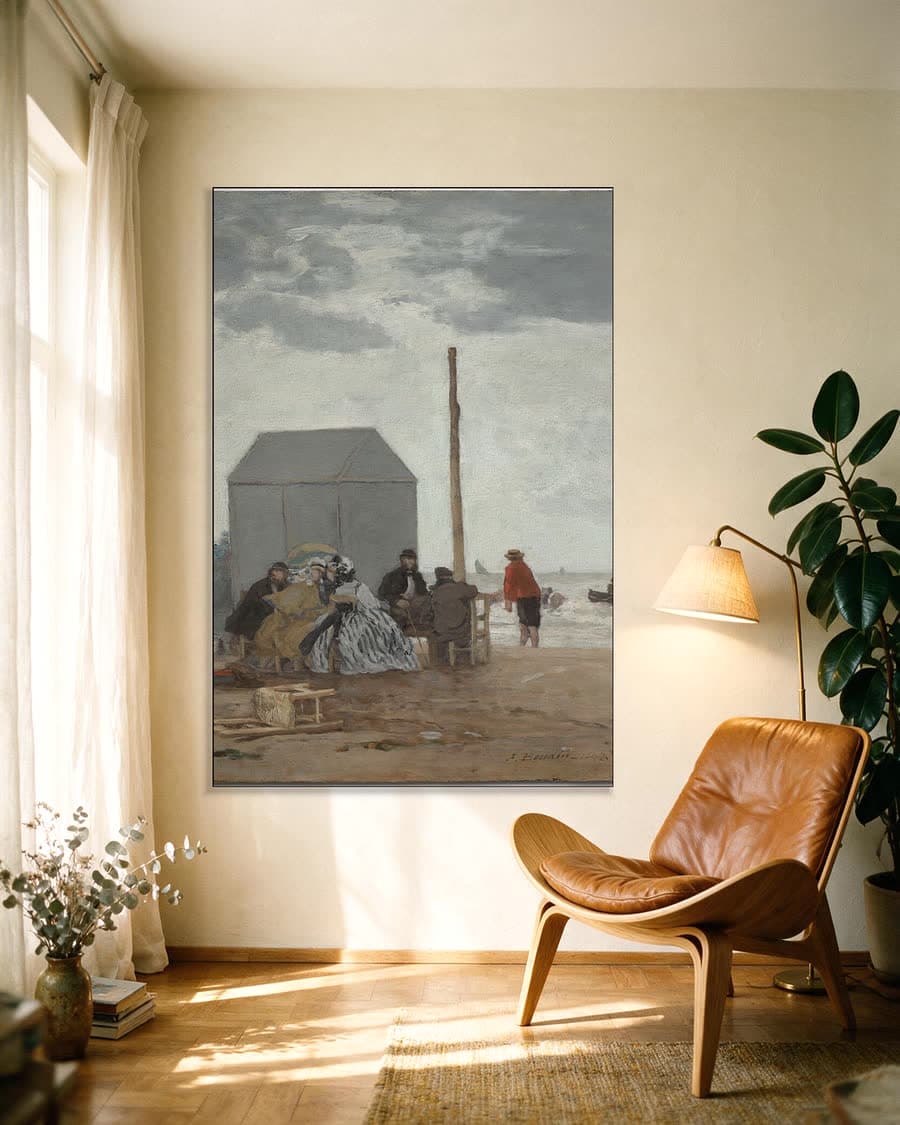 Het strand bij Deauville in een aluminium frame aan dezelfde muur