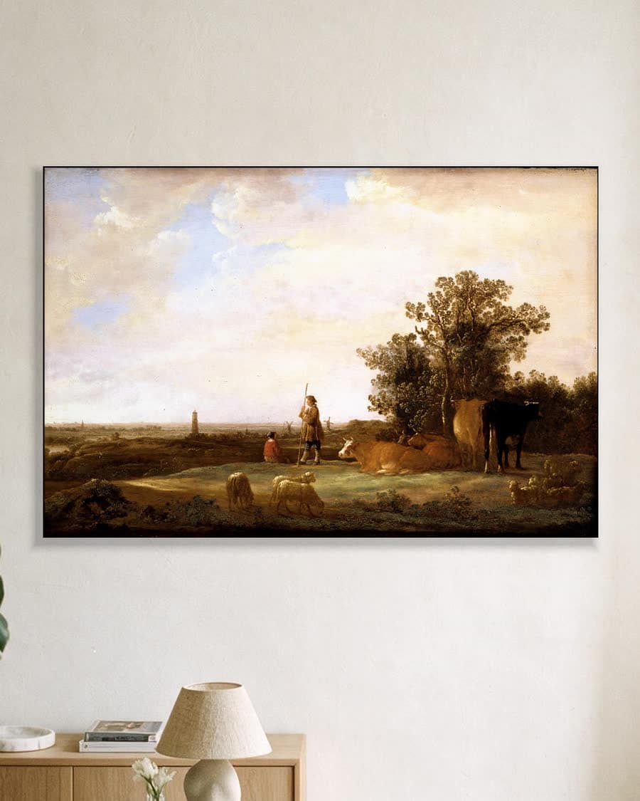 Uitzicht over de vlakte met herder en vee in een aluminium frame aan dezelfde muur